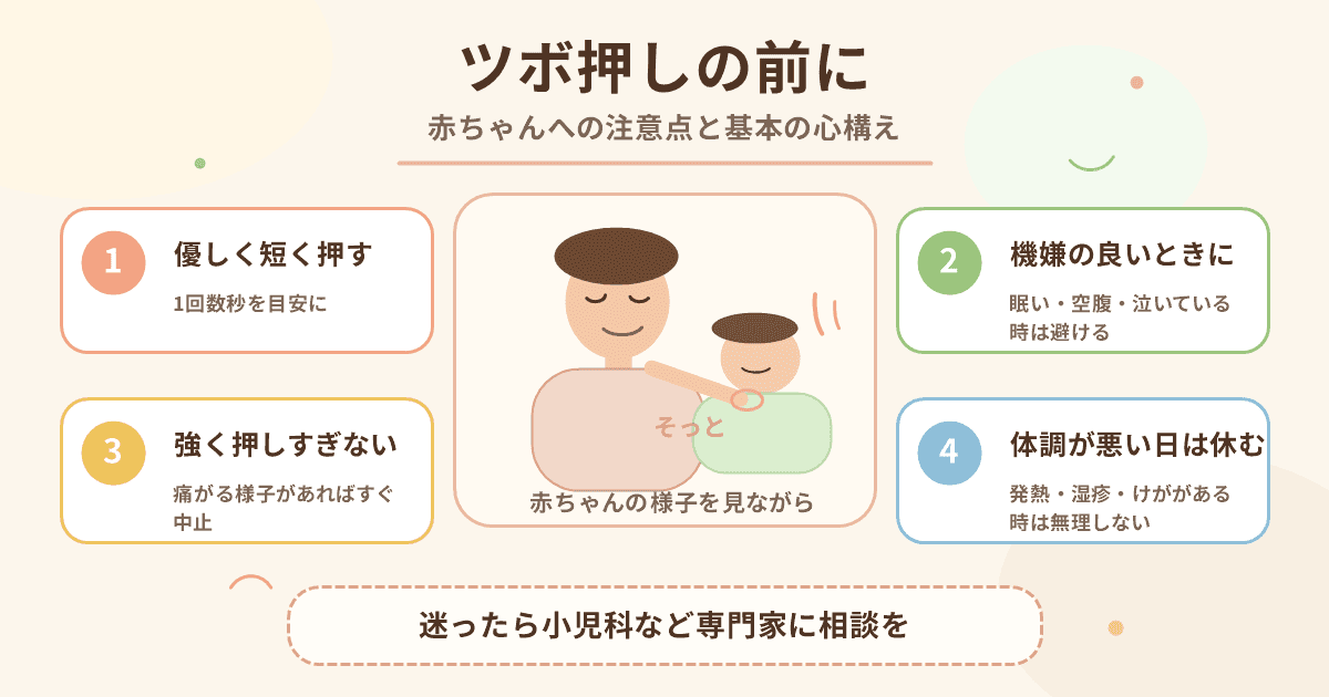 ツボ押しの前に 赤ちゃんへの注意点と基本の心構えの図解