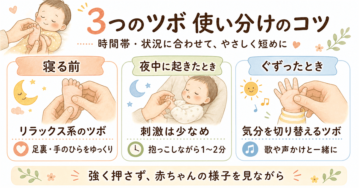 3つのツボを時間帯・状況別で使い分けるコツの図解