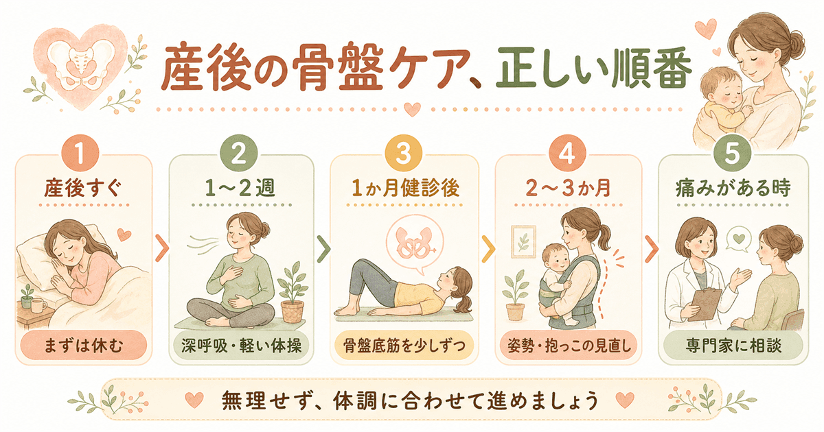 産後の骨盤ケア、正しい順番の図解