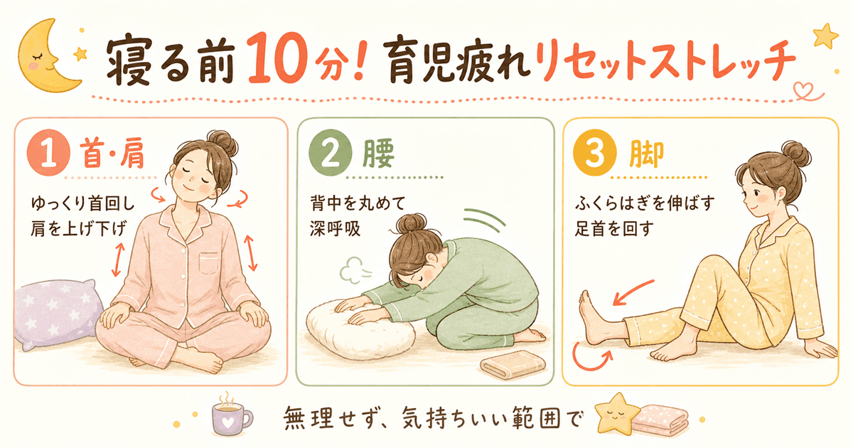 寝る前10分！育児疲れリセットストレッチの図解