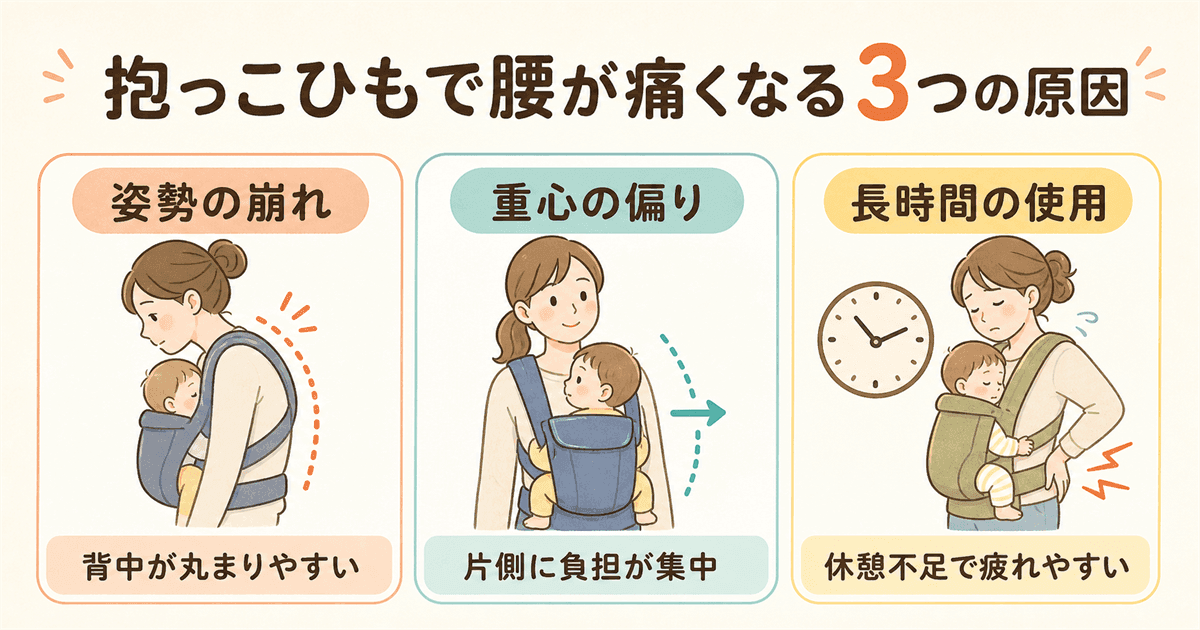 抱っこひもで腰が痛くなる3つの原因の図解