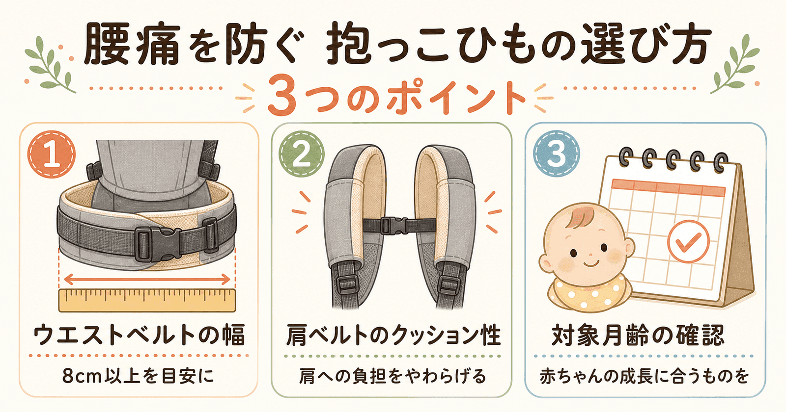 腰痛を防ぐ抱っこひもの選び方3つのポイントの図解