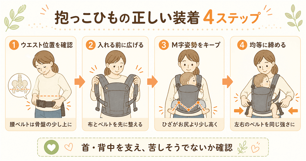 抱っこひもの正しい装着4ステップ：ウエスト・キス位置・肩ベルト・M字確認
