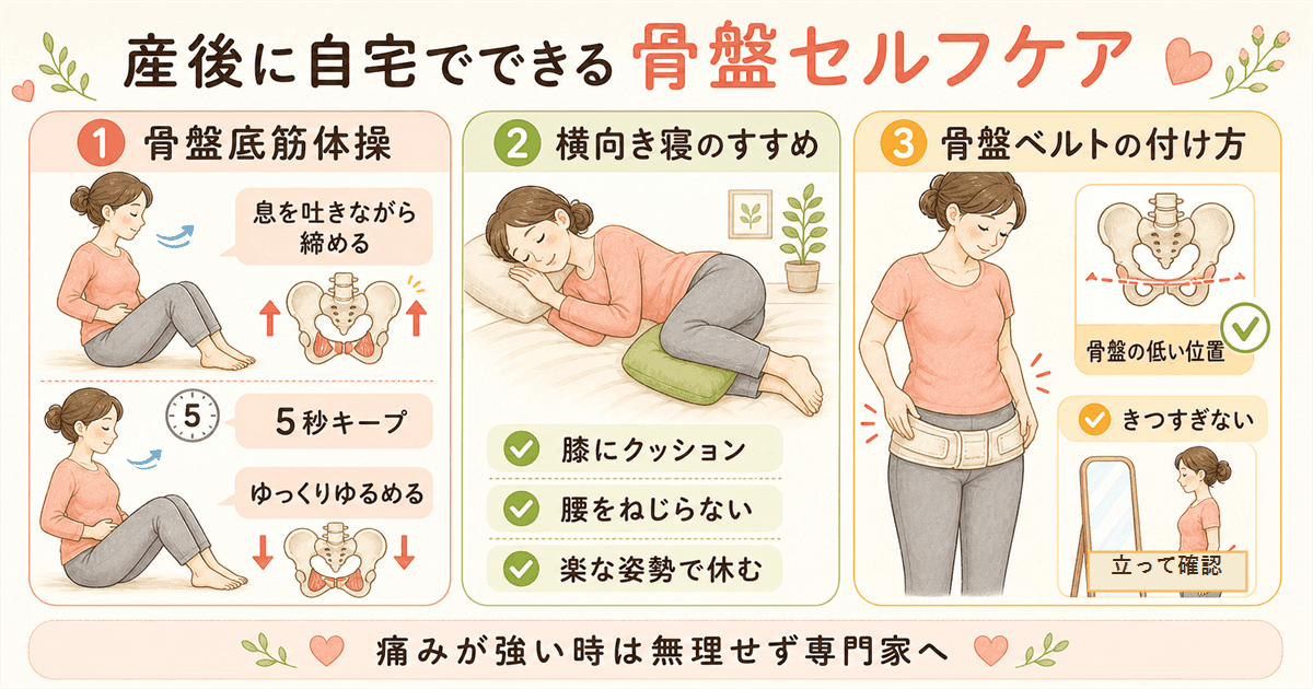 自宅でできる産後骨盤セルフケア：骨盤底筋体操・横向き寝・骨盤ベルト