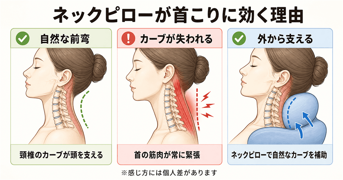 ネックピローが首こりに効く理由:頸椎の自然なカーブを支える