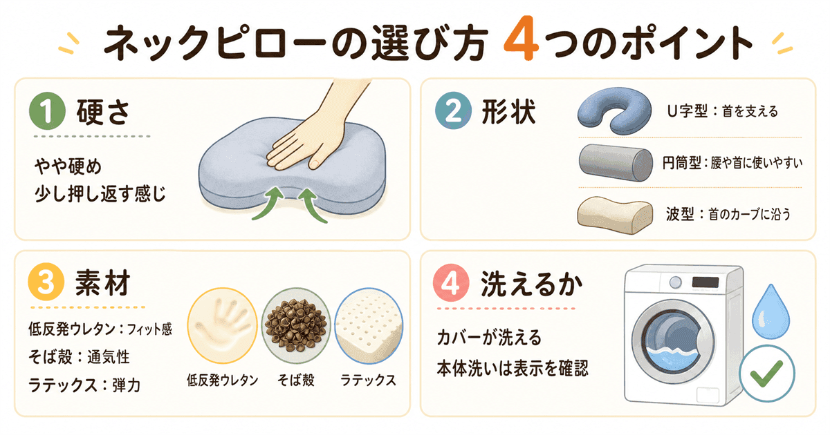 ネックピローの選び方のポイント4つ:硬さ・形状・素材・洗濯可否