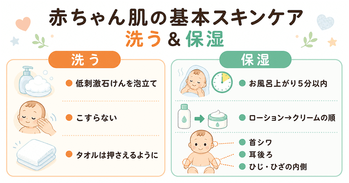赤ちゃんの基本スキンケア手順：洗う・保湿するの2ステップ