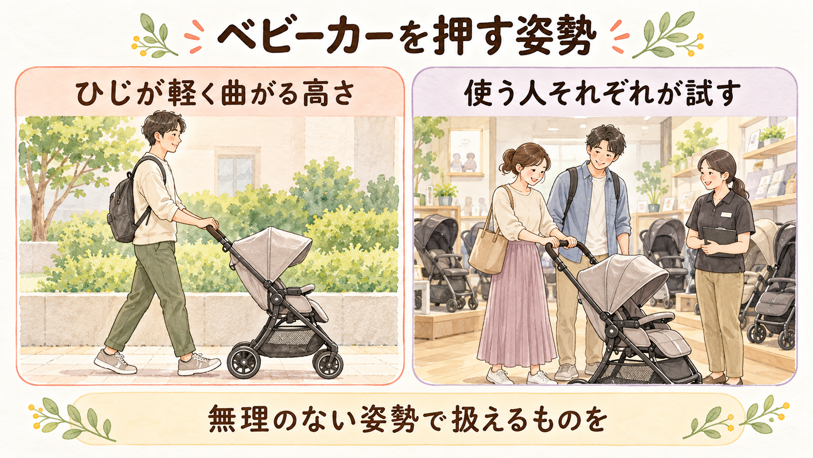 ひじが軽く曲がる高さでベビーカーを押し、使う人それぞれが店頭で試す様子