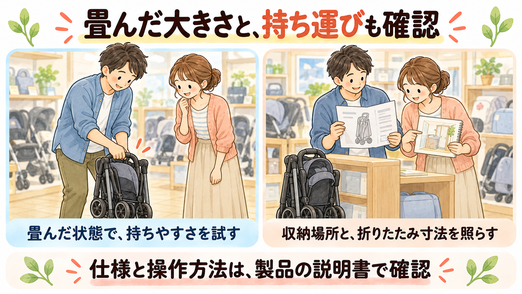 畳んだベビーカーの持ち運びと、収納場所に合う寸法を確認する具体例
