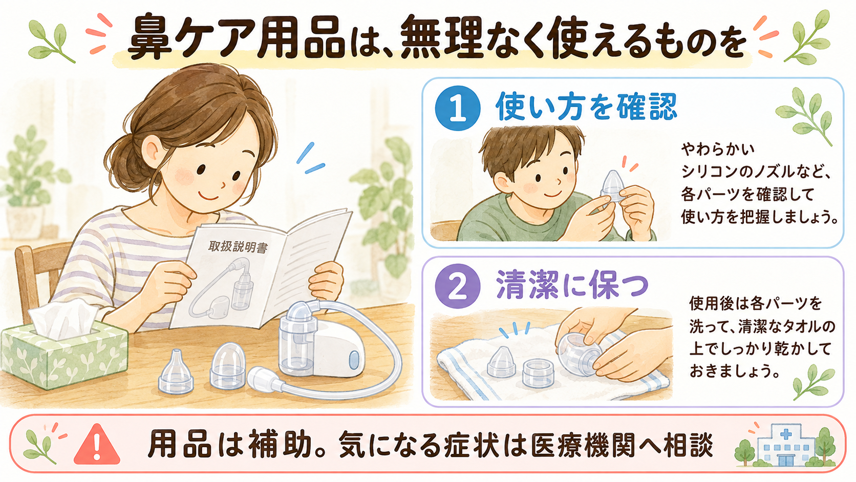 鼻ケア用品の説明書を確認し、使い方と清潔な手入れを確かめる図解