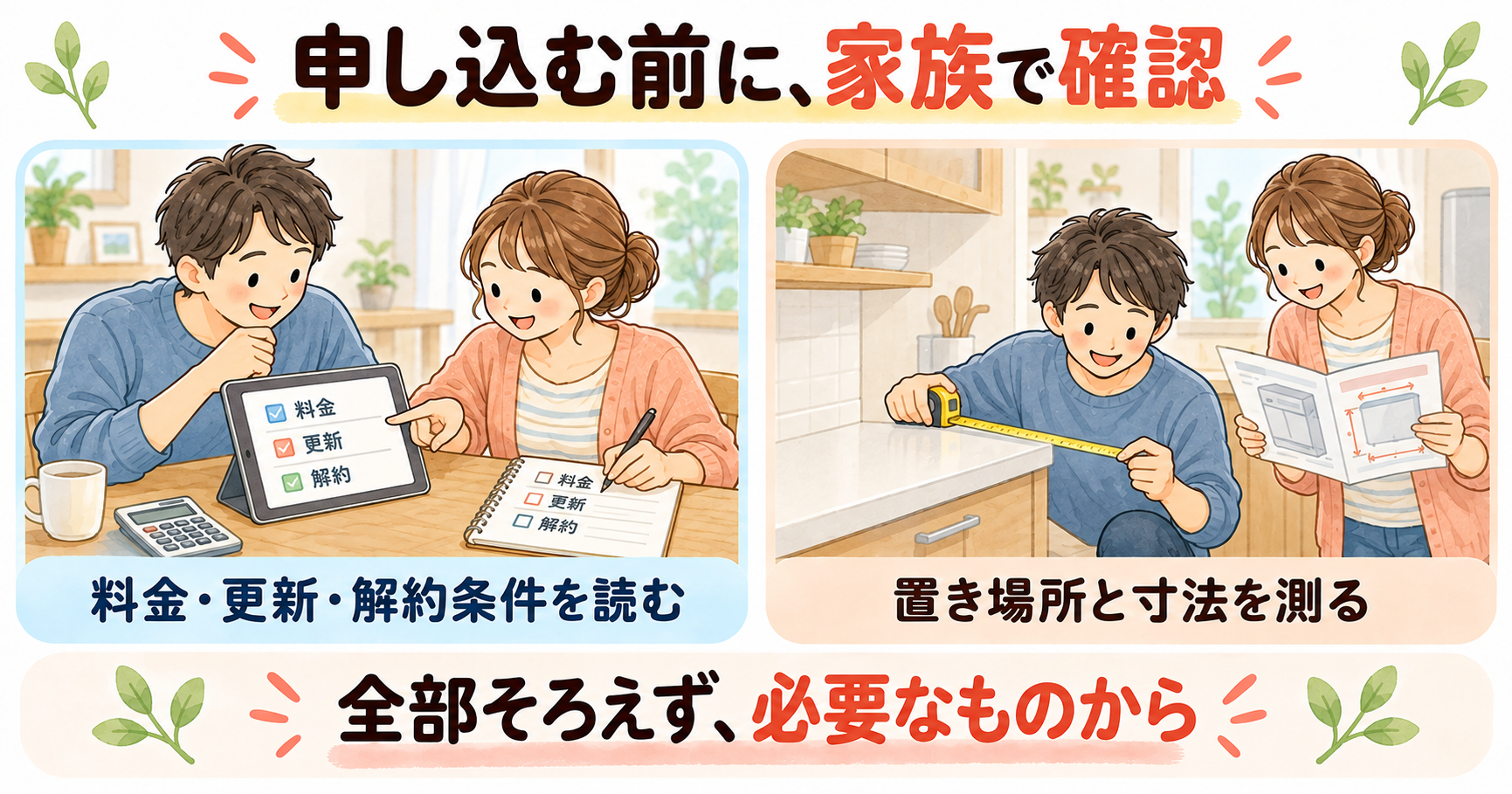 夫婦で料金・更新・解約条件を読み、家電の置き場所を測る具体例