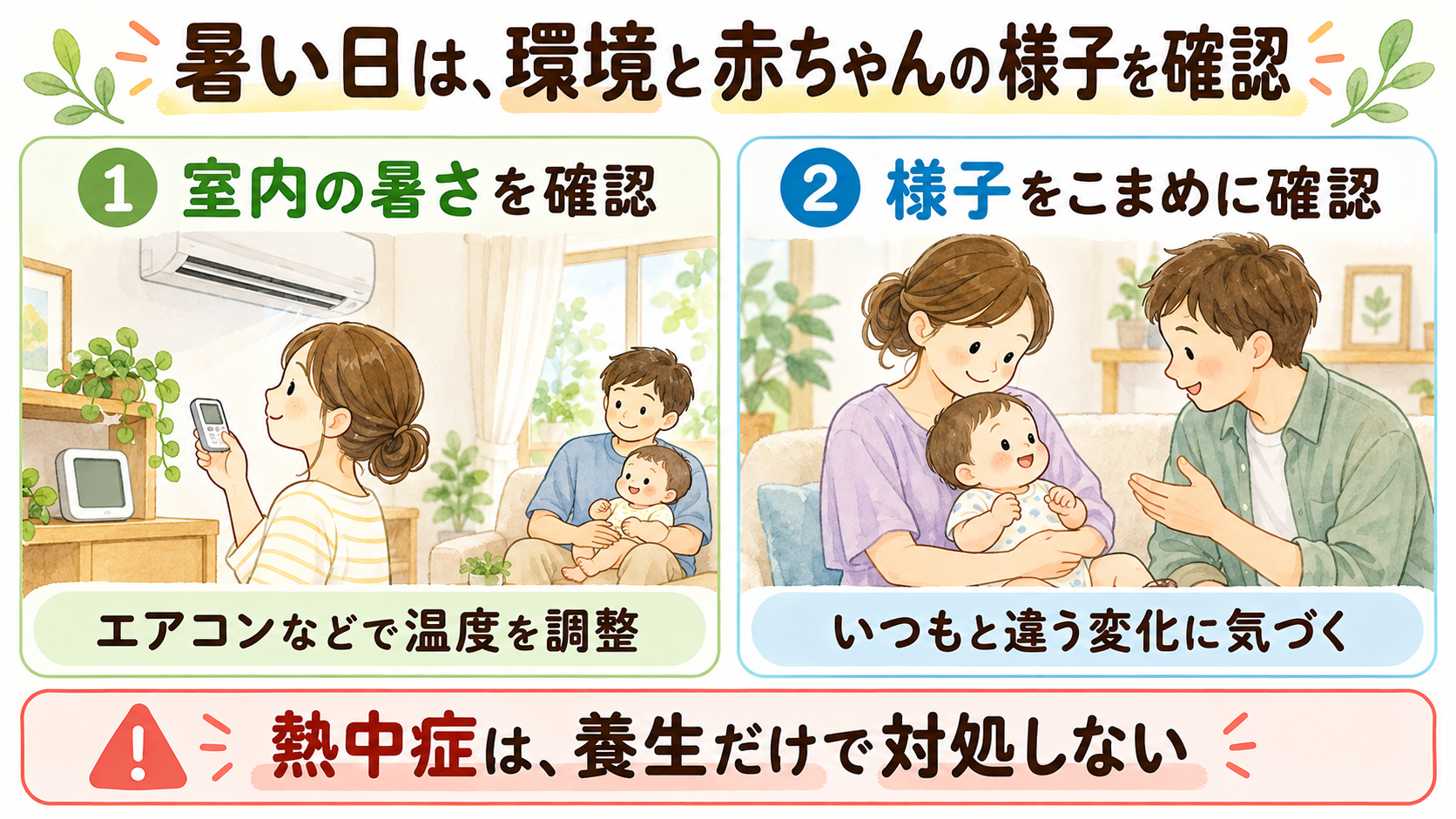 暑い日の室内環境と赤ちゃんの様子を確認する家族