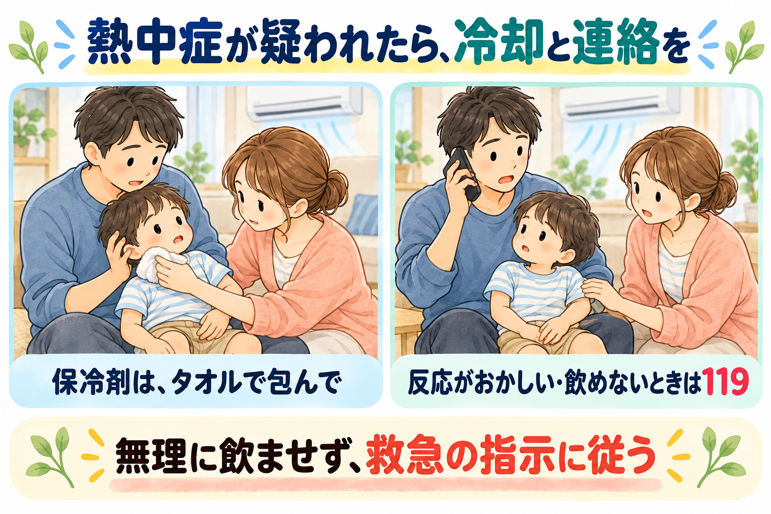 保冷剤をタオルで包んで冷却し、反応がおかしい・飲めないときは119へ連絡する場面
