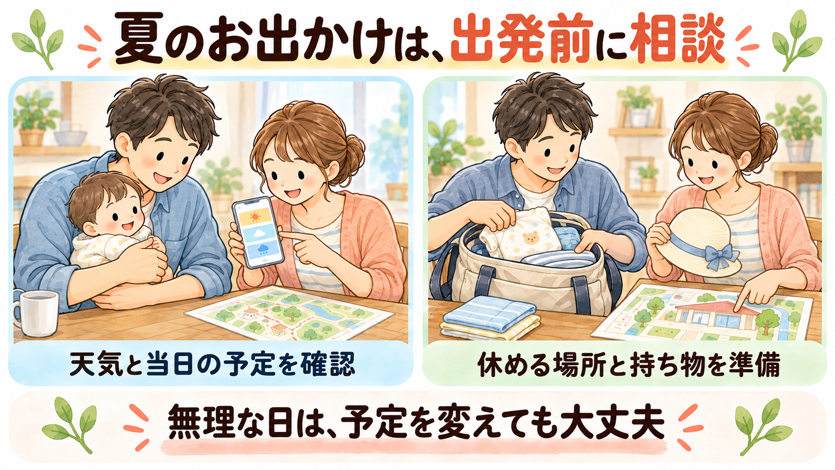 夏のお出かけ前に天気と予定を確認し、休める場所と持ち物を家族で準備する様子