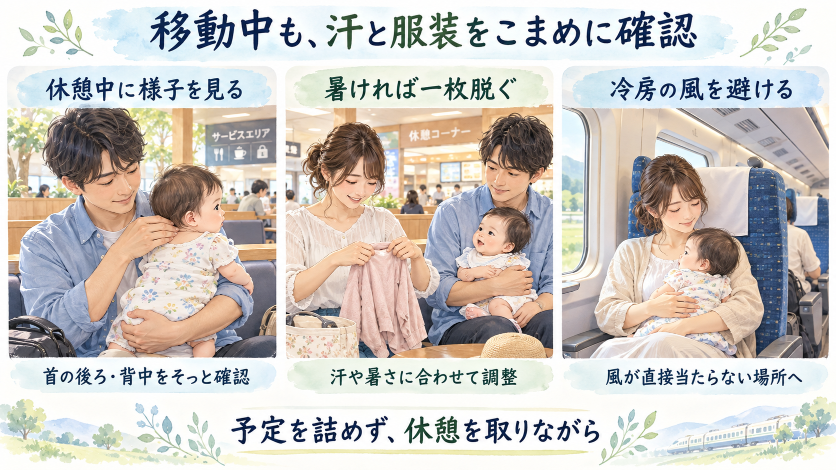 移動の休憩中に赤ちゃんの汗を確認し、服装や冷房の当たり方を調整する家族