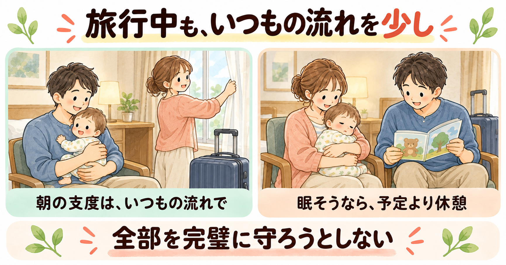 旅行先でも朝の支度を整え、眠そうなら予定より休憩を優先する親子