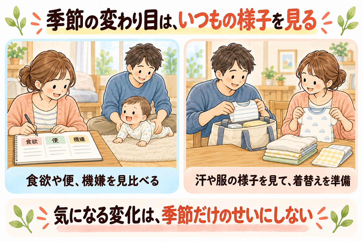 食欲や便、機嫌を記録し、汗や服の様子を見て着替えを準備する家族