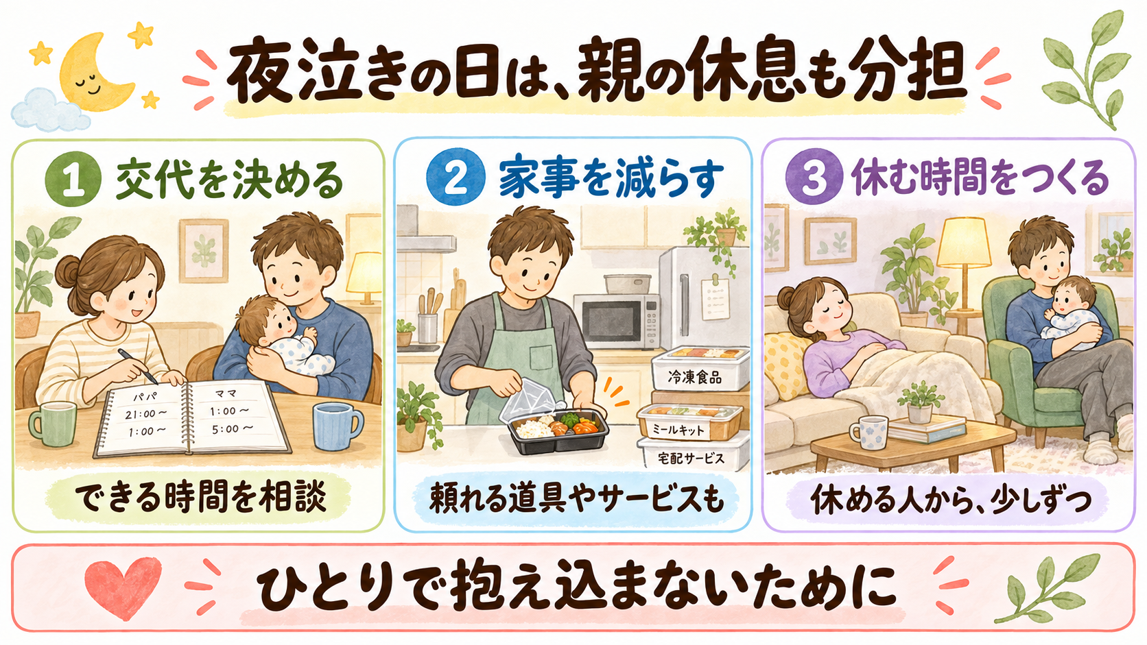 夜泣き対応の交代を相談し、家事を減らし、親も休む時間をつくる図解