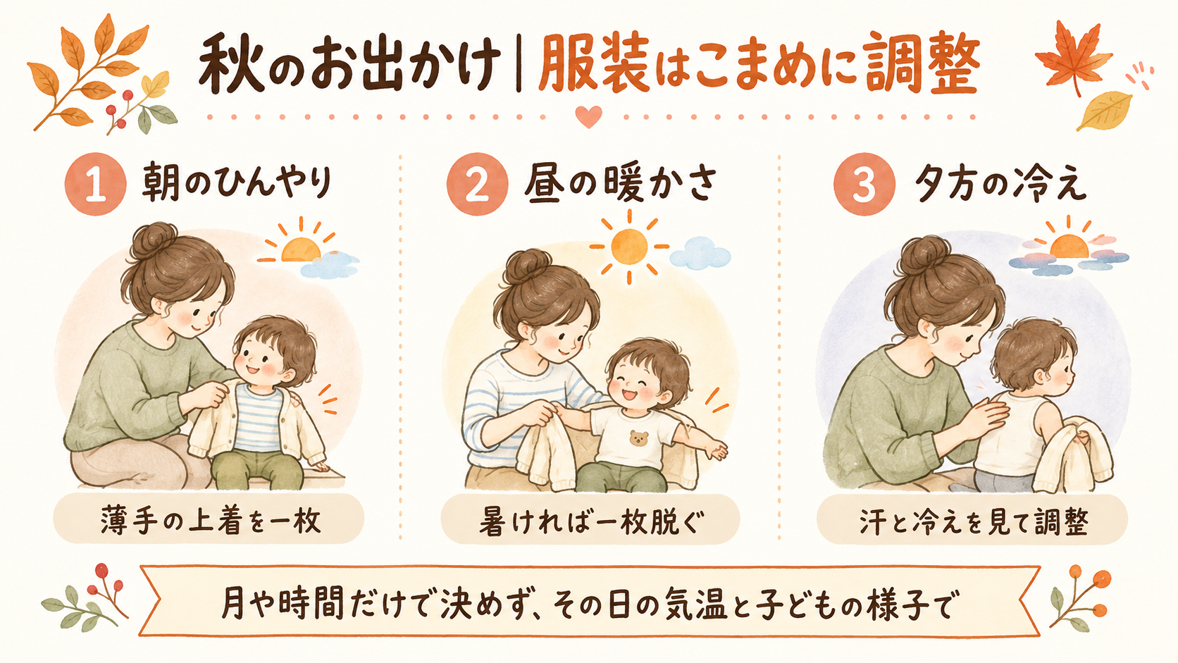 秋のお出かけで一日の寒暖差に対応する重ね着の図解
