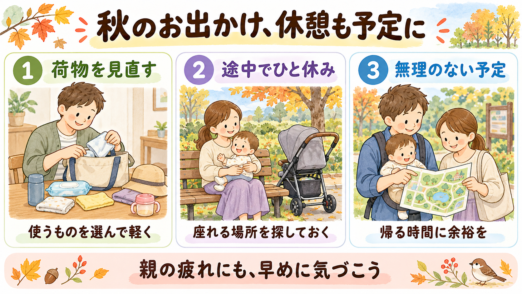 荷物を見直し、途中に休憩し、帰る時間に余裕を持つ家族
