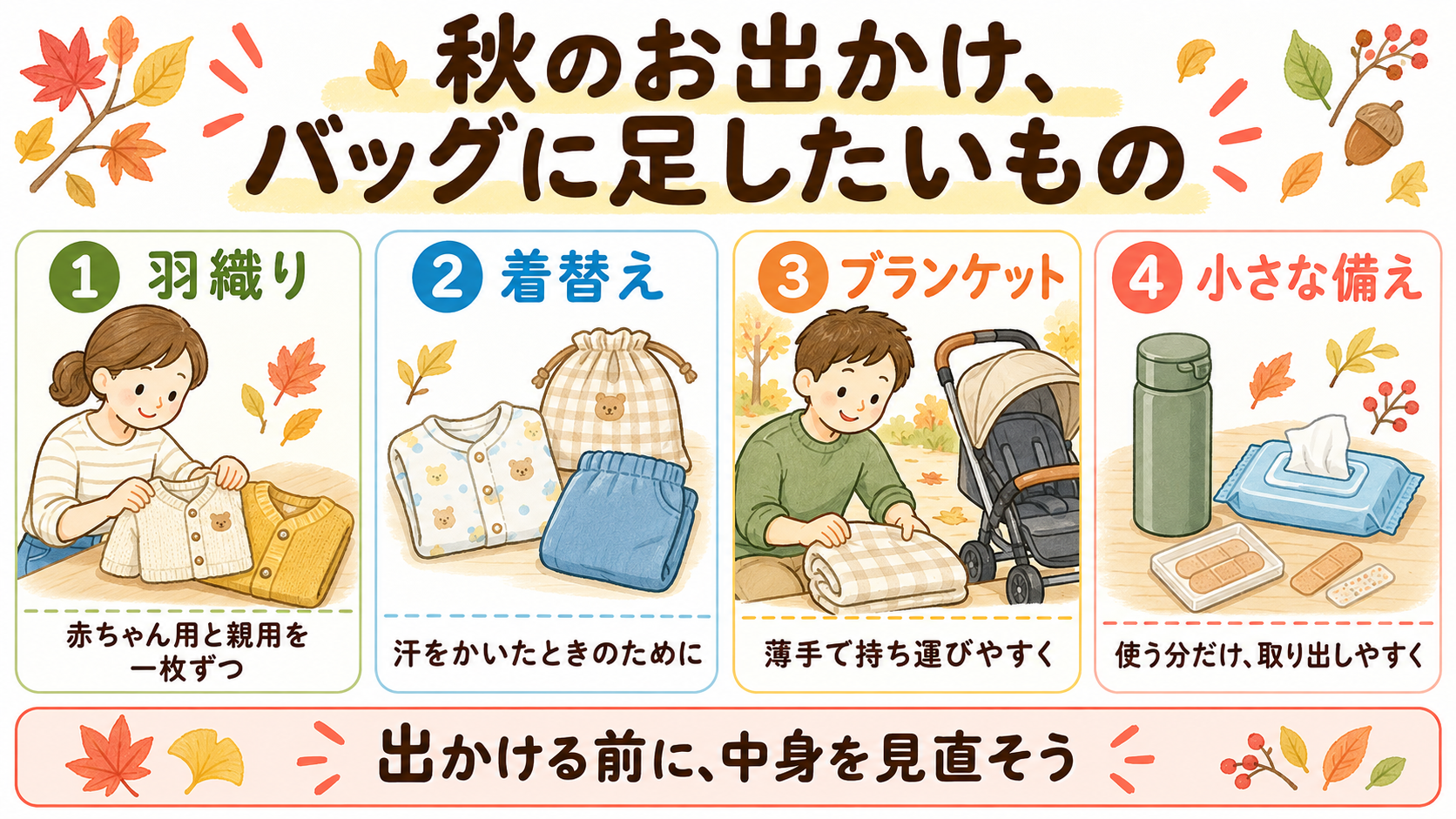 秋のお出かけに用意する親子の羽織り、着替え、薄手のブランケット、水筒やウェットティッシュ