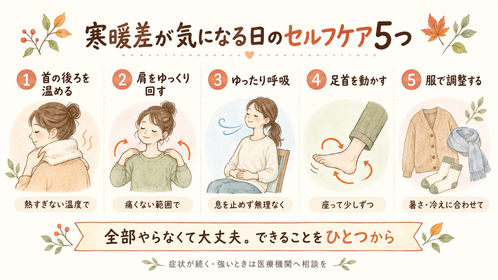 家でできる寒暖差疲労のセルフケア5つの図解