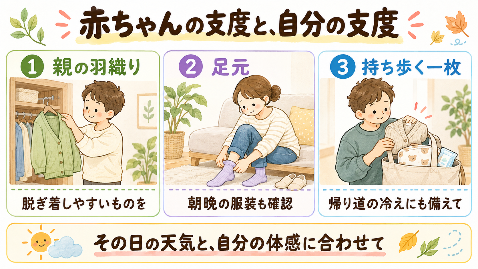 赤ちゃんの支度と一緒に親自身の羽織りや足元も確認する図解