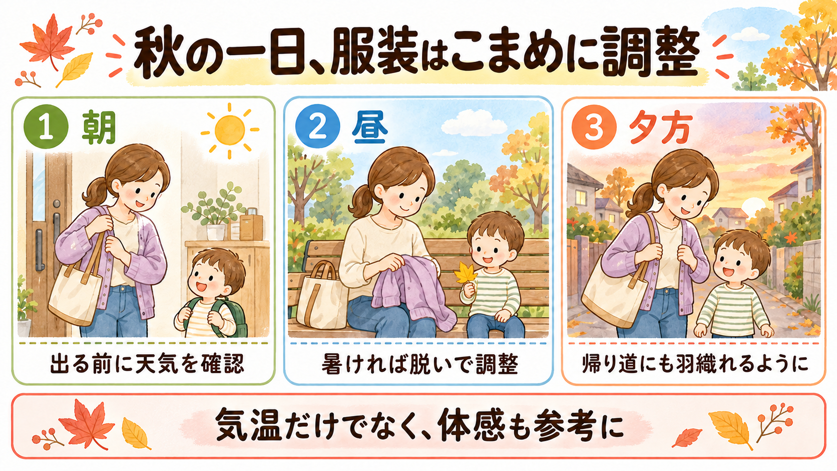 朝・昼・夕方に自分の羽織りを脱ぎ着して調整する母親