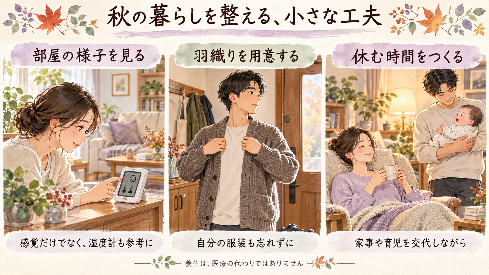 湿度計を確認し、自分の羽織りを用意し、家事や育児を交代して休む秋の暮らしの工夫