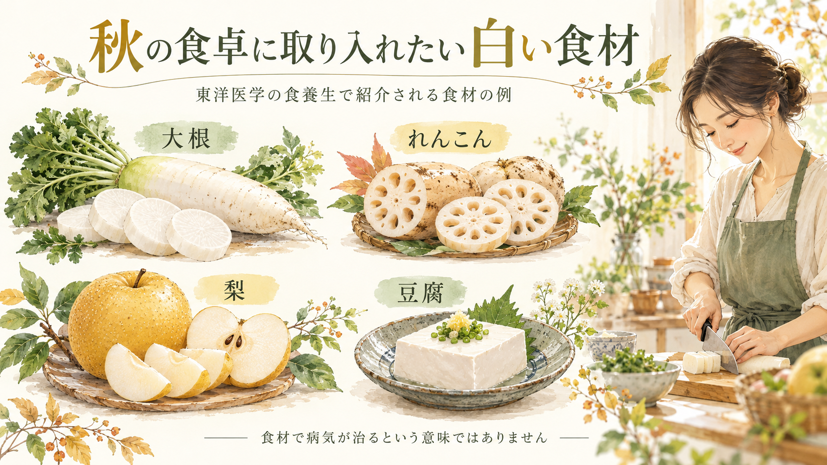 東洋医学の食養生で紹介される大根・れんこん・梨・豆腐の例。食材で病気が治るという意味ではありません