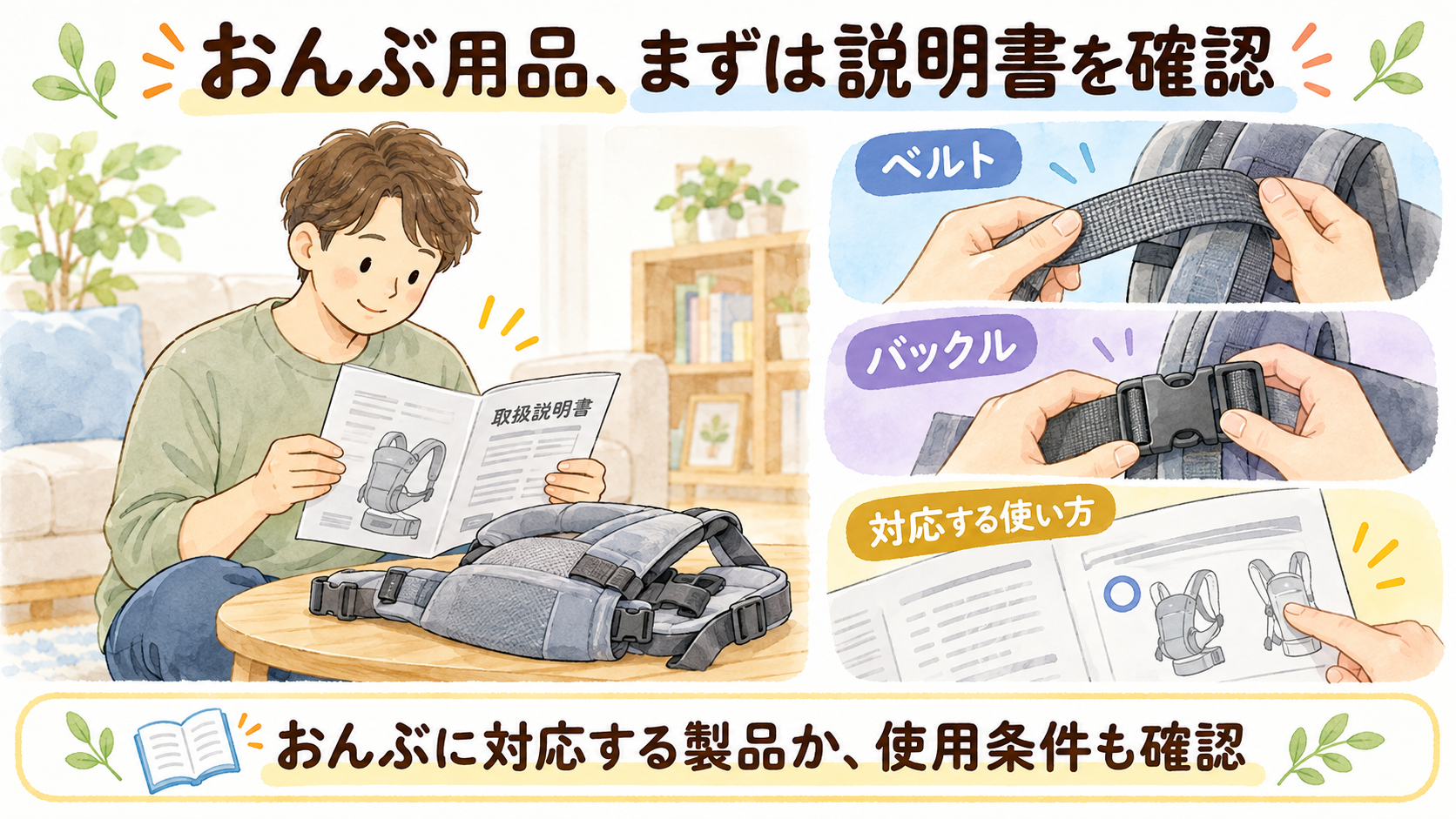 おんぶ対応か説明書で確認し、ベルトとバックルを点検する図解