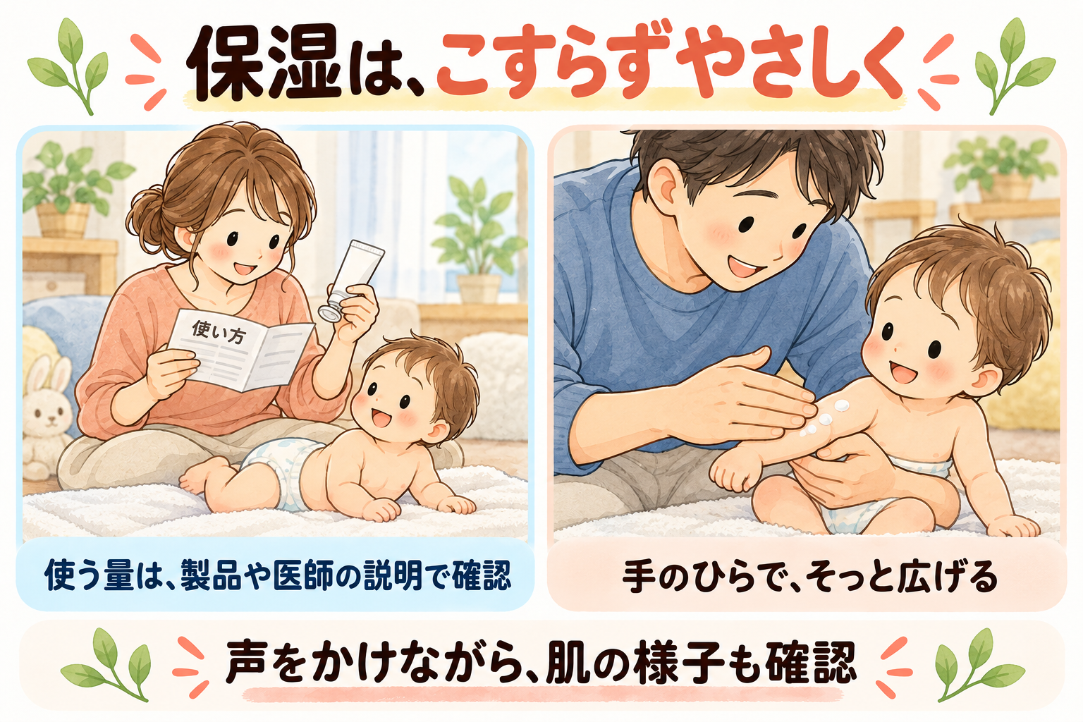 製品や医師の説明で使う量を確認し、手のひらで保湿剤をそっと広げる親子