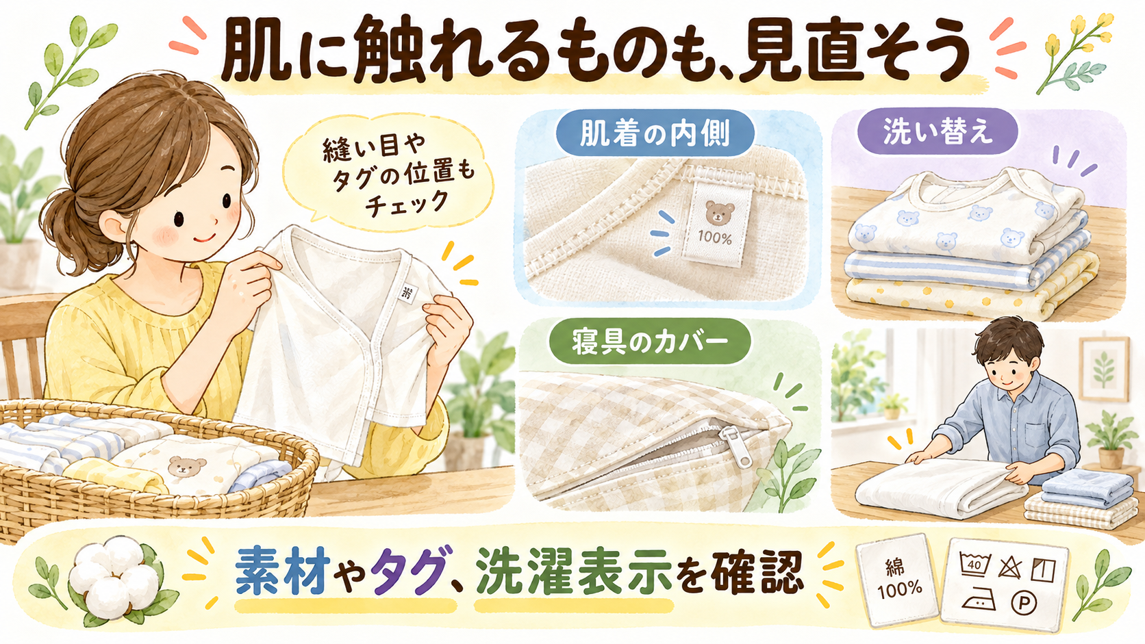 肌着の縫い目やタグ、洗い替えと寝具のカバーを確認する図解