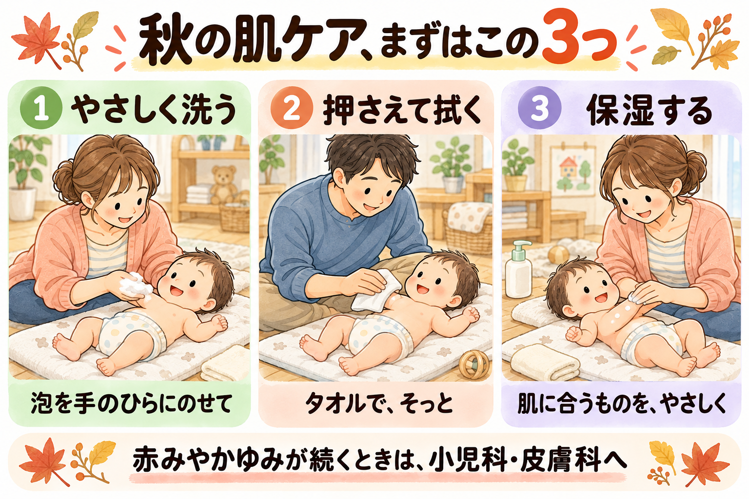 泡を手のひらにのせてやさしく洗い、タオルで押さえて拭き、肌に合う保湿剤を塗る3つのケア