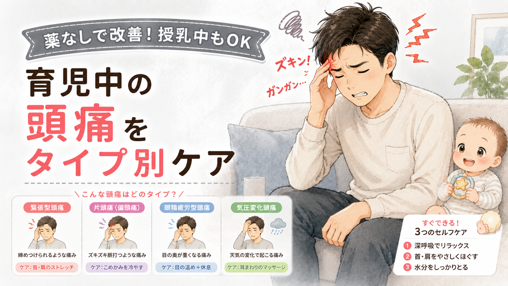 育児中の頭痛を薬なしで改善!鍼灸師が教えるタイプ別セルフケア3選【授乳中もOK】